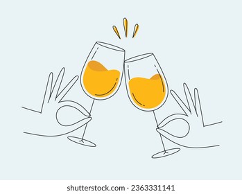 Hand holding wine clinking glasses drawing in flat line style on light background