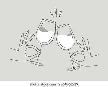 Hand holding wine clinking glasses drawing in flat line style on grey background