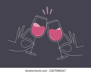 Hand holding wine clinking glasses drawing in flat line style on dark blue background