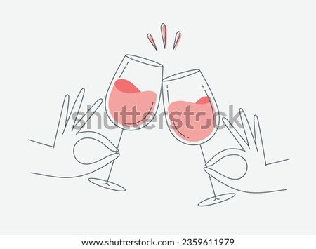 Hand holding wine clinking glasses drawing in flat line style