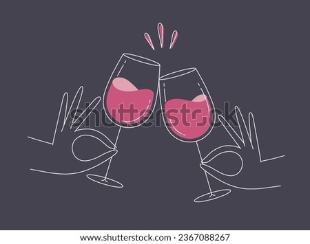 Hand holding wine clinking glasses drawing in flat line style on dark blue background
