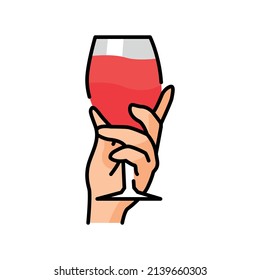 Hand holding wine glass color line icon. Pictogram for web page, mobile app, promo.