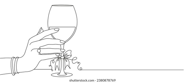 Hand holding wine glass line art style vector illustration