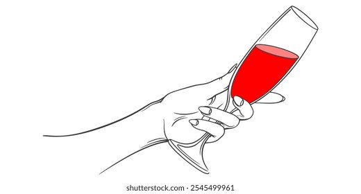 mão segurando vinho linha de vidro estilo arte vetor eps