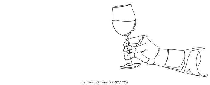 mão segurando a ilustração vetor da arte da linha de vidro do vinho com fundo transparente.