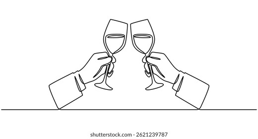 hand holding wine glass line art style illustration vector eps 10, Single line drawing of a champane celabrations, Hand drawn hands hold wine clinking glasses one line art,continuous drawing contour. 