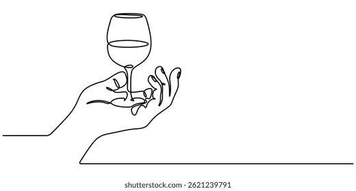 mão segurando vinho vidro linha arte estilo ilustração vetor eps 10, Desenho de linha única de um champanhe celabrações, Mãos desenhadas mão segurar vinho clinking copos uma arte de linha, contorno de desenho contínuo. 