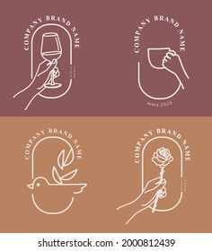 Hand holding wine glass, rose flower, coffee, drink, bird and leaf pattern symbol of vector design simple linear template brand company logo. shop, bar, restaurant, wedding dress, Morandi color women