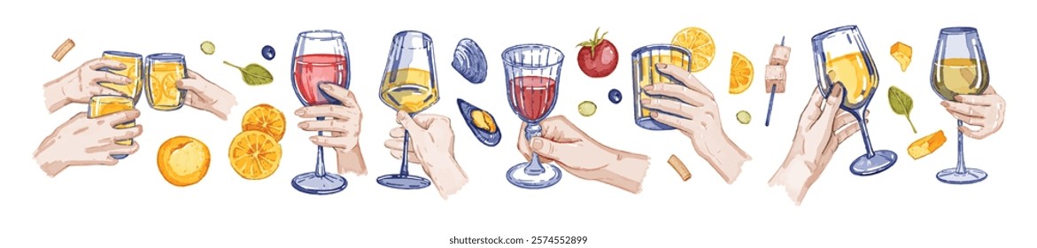 Hand holding wine glass set, vector watercolor summer drinks illustration, alcohol beverages print. Elegant champagne cocktail event clipart, Italian party cheer gesture. Wine glass object design