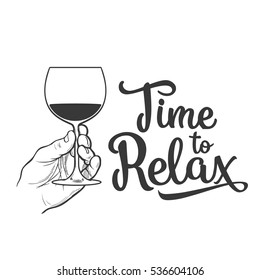 hand holding wine glass, sketch style vector illustration isolated. Realistic hand drawing of an unlabeled, unopened and hand holding glass of wine for posters, postcards, time to relax concept