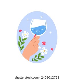 Hand holding wineglass of clean water. Vector flat illustration of person holds a glass cup of pure aqua in arm. Beverage drink on blossom floral decorative background in oval frame