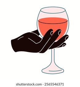 Hand holding wineglass of wine flat color vector illustration. Person relaxing with alcohol drink closeup cartoon icon on white background