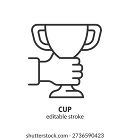 Hand holding a winner cup line icon. Competition award. Concept of success, triumph and achievement. Editable stroke. Vector illustration.