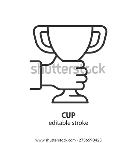 Hand holding a winner cup line icon. Competition award. Concept of success, triumph and achievement. Editable stroke. Vector illustration.