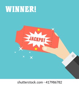Hand holding winner lottery ticket. Jackpot vector illustration. Flat image isolated. Success sign. Casino luck.