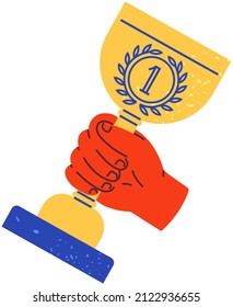 Hand holding winner trophy cup vector illustration. First place prize, competition champion award. Gold Cup as symbol of victory and success in contest. Winner holds award. Winning prize in human palm