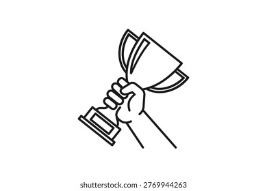 Hand holding winner trophy cup for success achievement icon