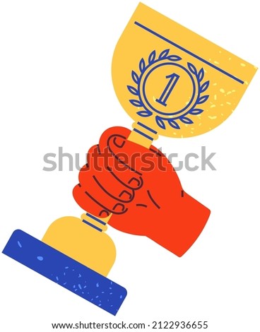 Hand holding winner trophy cup vector illustration. First place prize, competition champion award. Gold Cup as symbol of victory and success in contest. Winner holds award. Winning prize in human palm