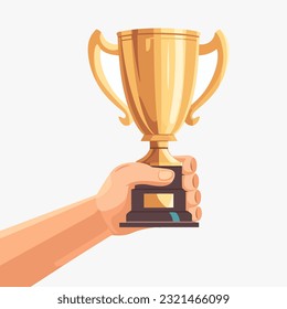 Hand holding winner's cup isolated on white background. Vector flat illustration