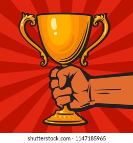 Hand holding winner's gold cup, trophy, award. Concept of success and business achievements. Hand drawn vector illustration isolated on background with red sun rays