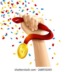 Hand holding a winners medal in multi colored confetti concept vector illustration