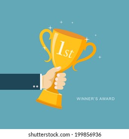 Hand Holding Winner's Trophy Award Flat Illustration. Eps8