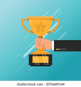 Hand holding winner's trophy award flat illustration.