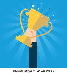 Hand holding winner's trophy award. Winner holds trophy. Concept of success and business goals. Vector stock