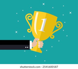 Hand holding winners trophy award. flat vector Illustration