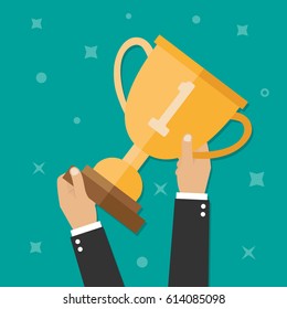 Hand holding winner's trophy award, winner's cups in flat design style