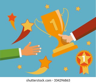 Ilustración plana del trofeo del ganador con mano.