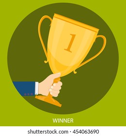 Hand holding winner's trophy flat illustration.Eps10