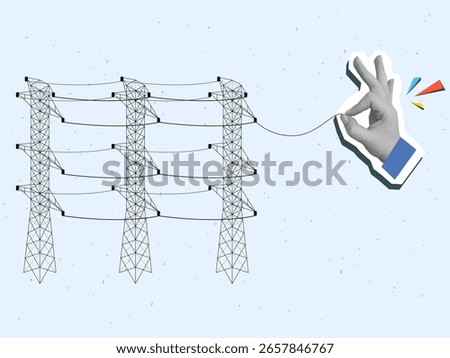 Hand holding a wire from a power line. Modern collage style. Vector illustration