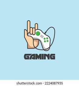 Hand holding wired game controller video gaming cartoon logo icon modern cartoon design. Vector illustration