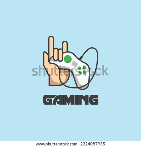 Hand holding wired game controller video gaming cartoon logo icon modern cartoon design. Vector illustration