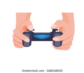 hand holding wireless controller game console in cartoon flat illustration vector