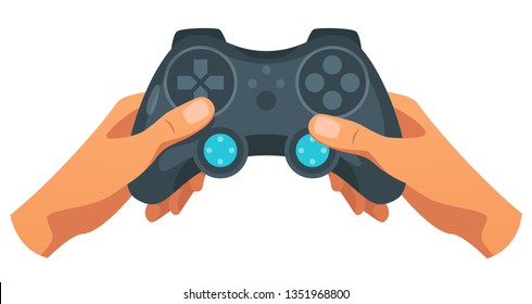 Hand holding wireless game controller isolated on white background. Vector illustration.