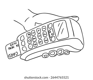 Hand holding a wireless payment terminal with inserted credit card drawn in doodle style. Concept of modern transactions, electronic payments and financial technology