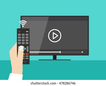 Hand holding wireless remote control near flat screen tv watching video film, cartoon person watching movie on television display
