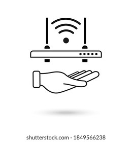 Hand holding Wireless Signal Router Icon. Wi Fi Router Flat Icon. Vector Illustration