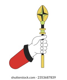 Hand holding wizard staff flat line color isolated vector object. Vintage stave. Editable clip art image on white background. Simple outline cartoon spot illustration for web design