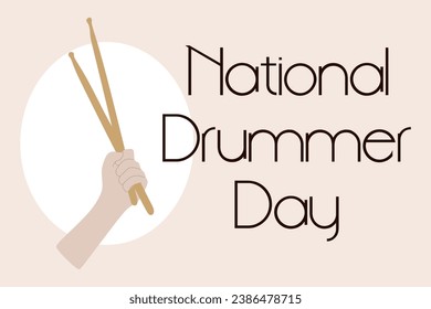 Hand holding Wooden drum stick. National Drummer day Card. Crossed wooden drumsticks. Isolated Design element. Music concept. Vector llustration in flat, cartoon style. Hug a drummer Poster, Banner