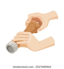 Hand holding a wooden pepper mill for seasoning food. Vector illustration