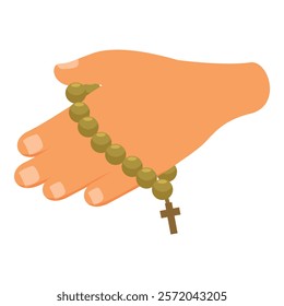 Hand holding wooden rosary beads praying to god