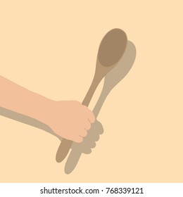 Hand Holding A Wooden Spoon, Vector Illustration Design. Hands Collection.