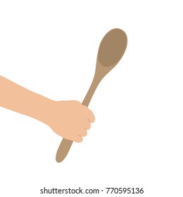 Hand Holding A Wooden Spoon, Vector Illustration Design. Hands Collection.