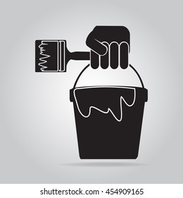 Hand holding with working tool icon, brush and paint bucket icon