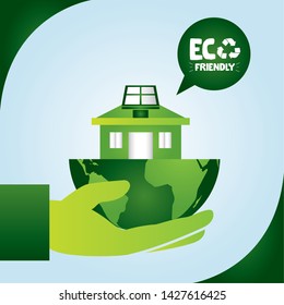 hand holding world house solar panel eco friendly vector illustration