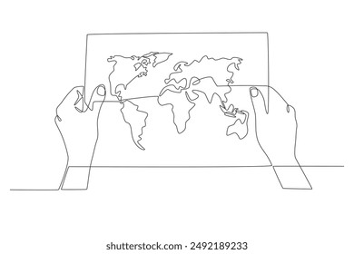 Hand holding world map. World map concept one-line drawing