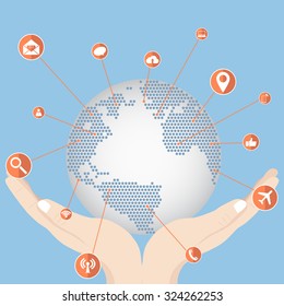 Hand holding World Map Globe with Web icons, Business icons and Technology icons for technology and business concept, Vector Illustration EPS 10.